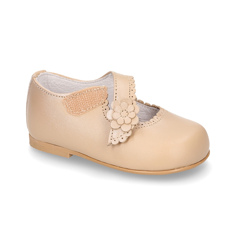 Classic Little Mary Janes with hook and loop strap with flower in pearl ...