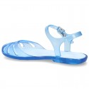 Jelly ballet style shoes with buckle fastening for beach and pool use.