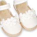 WhiteLinen canvas espadrille shoes with velcro strap and flower design for CEREMONIES.