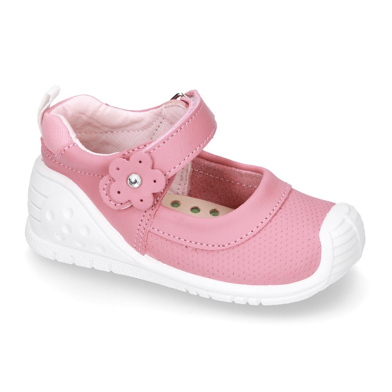 Washable leather little Mary Jane shoes with FLOWER, hook and loop ...
