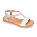 Suede Leather sandal shoes with GLITTER finishes and buckle fastening.