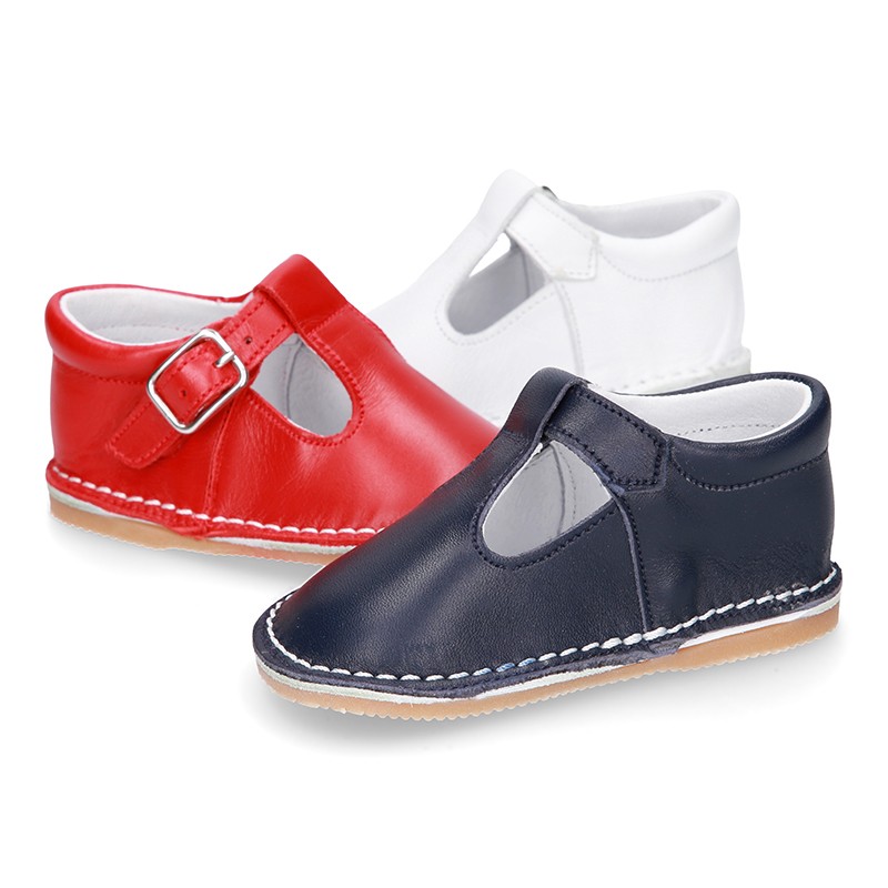 Baby Nappa leather T-bar shoes with buckle fastening and flexible soles ...