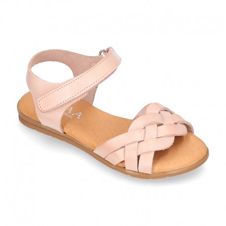 Nappa leather Braided sandal shoes for girls with hook and loop closure.