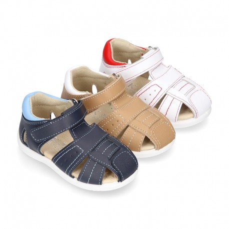Washable leather kids sandal shoes with 