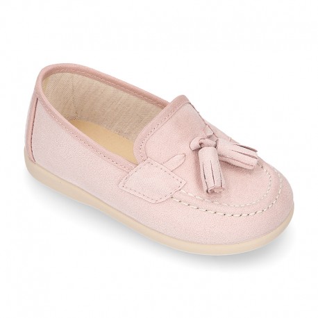 Canvas kids Moccasin shoes with TASSELS design in pastel colors.