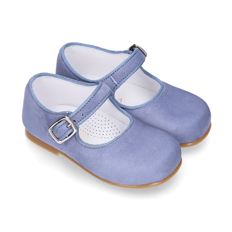 BLUE Soft suede leather little Mary Jane shoes with buckle fastening ...
