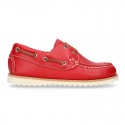 Classic kids leather Boat shoes with shoelaces and spring summer soles.