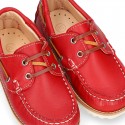 Classic kids leather Boat shoes with shoelaces and spring summer soles.