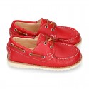 Classic kids leather Boat shoes with shoelaces and spring summer soles.