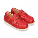 Classic kids leather Boat shoes with shoelaces and spring summer soles.