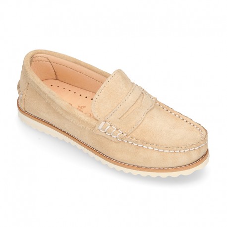 Classic toddler kids suede leather Moccasin shoes with detail mask and spring summer soles.