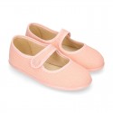 LINEN Stylized little Girl Mary Jane shoes with hook and loop strap closure and button.