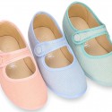 LINEN Stylized little Girl Mary Jane shoes with hook and loop strap closure and button.