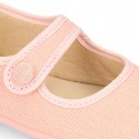 LINEN Stylized little Girl Mary Jane shoes with hook and loop strap closure and button.