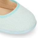 LINEN Stylized little Girl Mary Jane shoes with hook and loop strap closure and button.