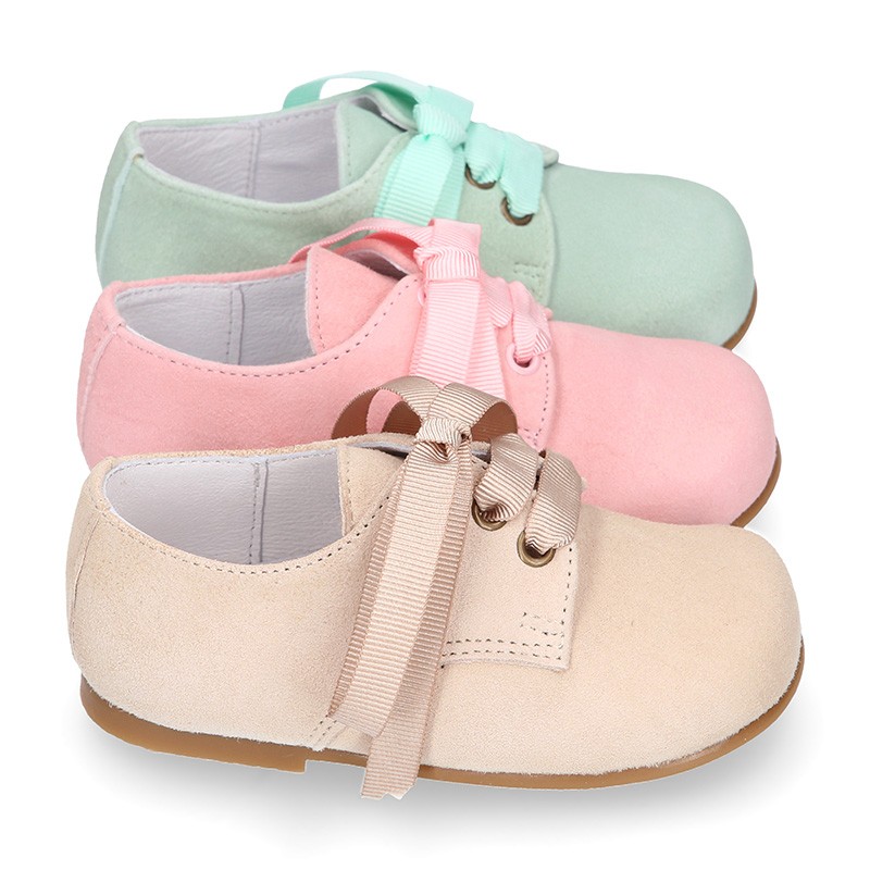 Soft suede leather Classic Kids Laces up shoes in pastel FASHION colors ...