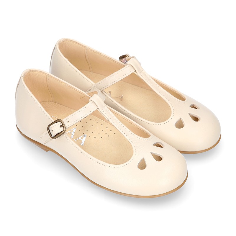 Girl T-BAR Mary Jane shoes in soft Nappa leather with petals design ...