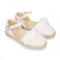 Linen canvas girl espadrille shoes for CEREMONIES with side flowers design.