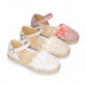 Linen canvas girl espadrille shoes for CEREMONIES with side flowers design.