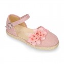 Linen canvas girl espadrille shoes for CEREMONIES with side flowers design.