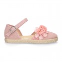 Linen canvas girl espadrille shoes for CEREMONIES with side flowers design.