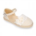 Linen canvas girl espadrille shoes for CEREMONIES with side flowers design.