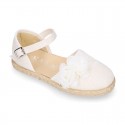 Linen canvas girl espadrille shoes for CEREMONIES with side flowers design.