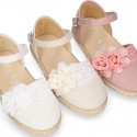 Linen canvas girl espadrille shoes for CEREMONIES with side flowers design.