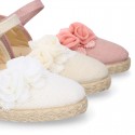 Linen canvas girl espadrille shoes for CEREMONIES with side flowers design.