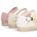 Linen canvas girl espadrille shoes for CEREMONIES with side flowers design.