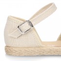 Linen canvas girl espadrille shoes for CEREMONIES with side flowers design.