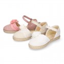 Linen canvas girl espadrille shoes for CEREMONIES with side flowers design.