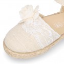 Linen canvas girl espadrille shoes for CEREMONIES with side flowers design.