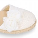 Linen canvas girl espadrille shoes for CEREMONIES with side flowers design.