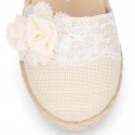 Linen canvas girl espadrille shoes for CEREMONIES with side flowers design.