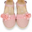 Linen canvas girl espadrille shoes for CEREMONIES with side flowers design.