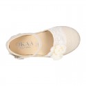 Linen canvas girl espadrille shoes for CEREMONIES with side flowers design.