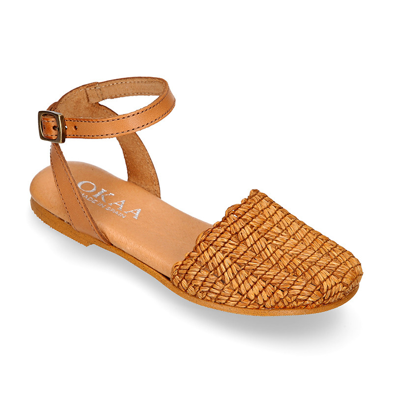 Soft Raffia Leather Girl sandal shoes with CLOG style. MG090 | OkaaSpain
