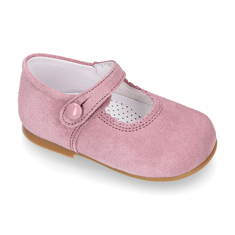 Classic Suede leather MERCEDITAS or little Mary Jane shoes with button ...