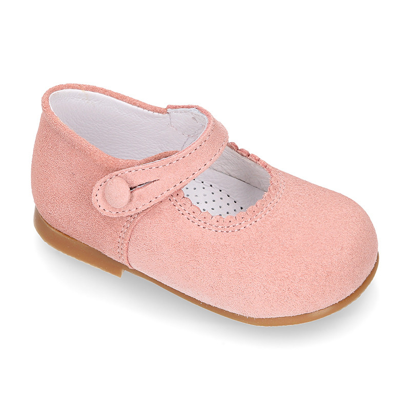 Classic Suede leather MERCEDITAS or little Mary Jane shoes with button ...
