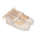 Linen cotton canvas little Mary Jane shoes with tulle bow.