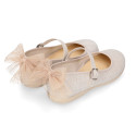 Linen cotton canvas little Mary Jane shoes with tulle bow.