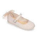 Linen cotton canvas little Mary Jane shoes with tulle bow.