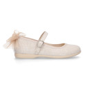 Linen cotton canvas little Mary Jane shoes with tulle bow.