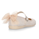 Linen cotton canvas little Mary Jane shoes with tulle bow.