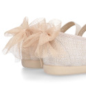 Linen cotton canvas little Mary Jane shoes with tulle bow.