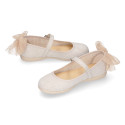 Linen cotton canvas little Mary Jane shoes with tulle bow.