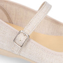 Linen cotton canvas little Mary Jane shoes with tulle bow.