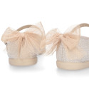 Linen cotton canvas little Mary Jane shoes with tulle bow.