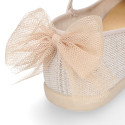 Linen cotton canvas little Mary Jane shoes with tulle bow.